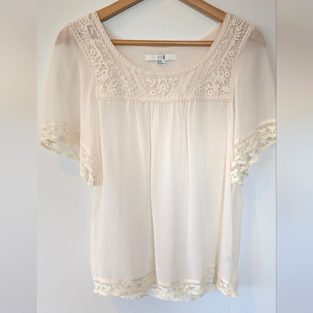 Forever 21 Cream Flutter Sleeve Blouse with Lace Embellishments